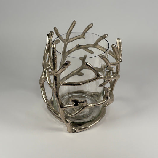 Windlicht mit Ast-Design – Glas & Aluminium, silberfarben