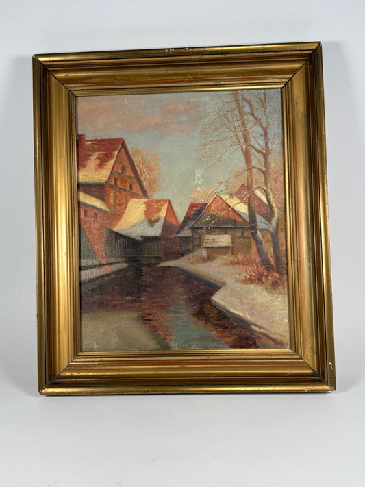 Öl auf Leinwand Winterdorf am Bach Sig