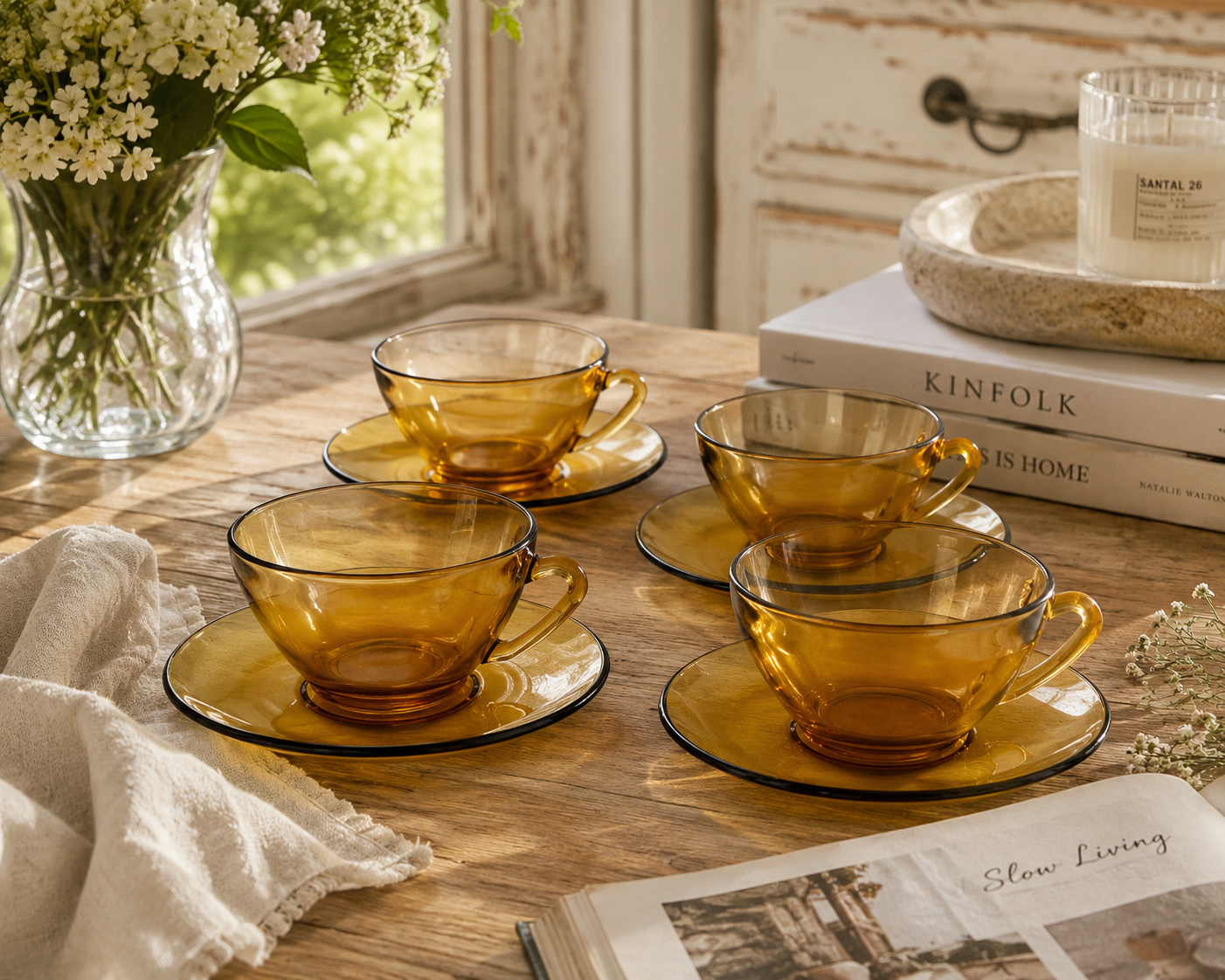 AEBECO Teeset Vintage Amber Glas 4 Tassen mit Untertassen – Vintera
